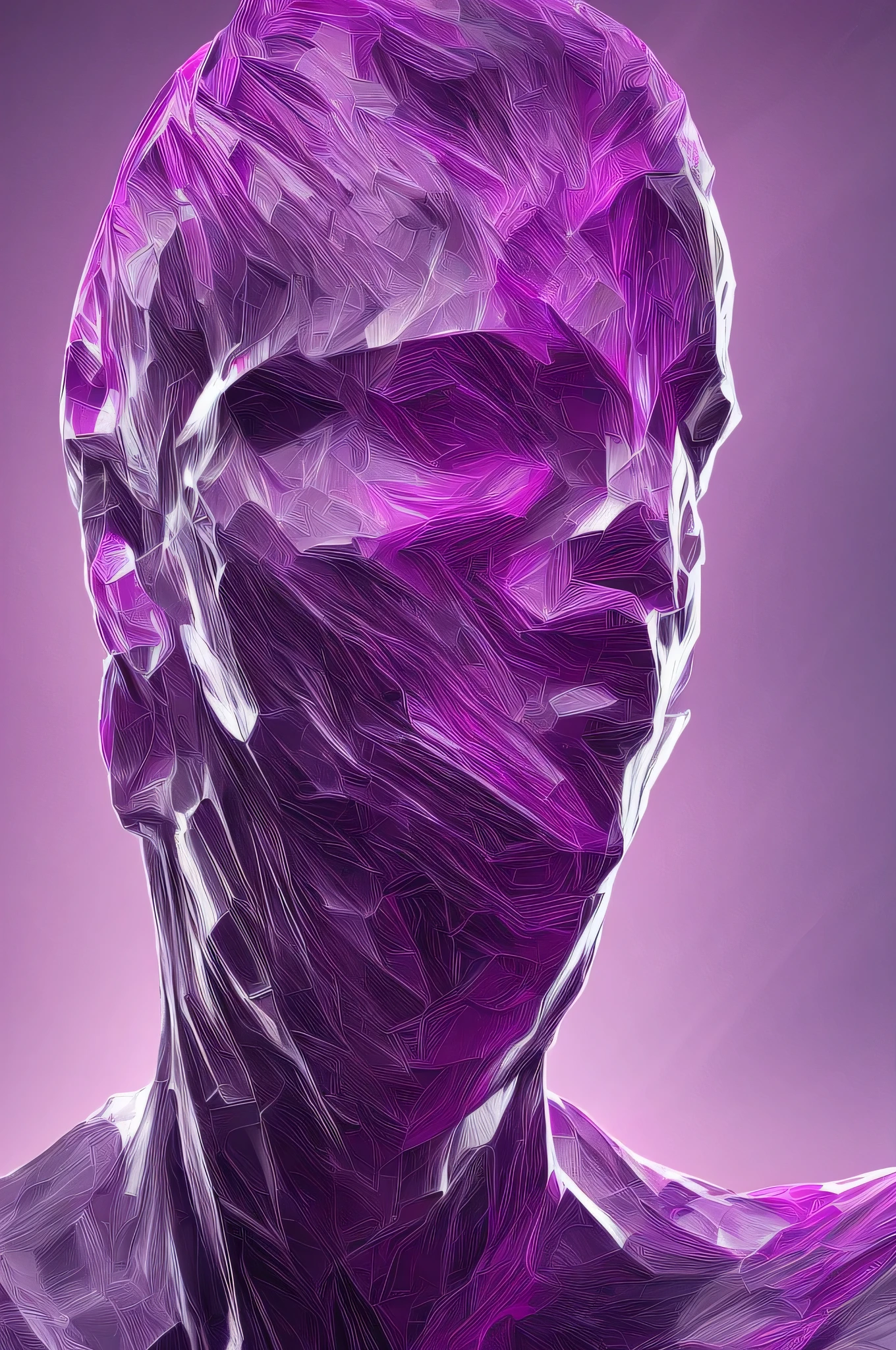 a distorted male face, abstract graphics, lilac and purple tones, hyperrealistic, 8k, highly detailed, cinematic lighting, surreal, dark academia, moody atmosphere, dramatic shadows, digital art, photorealistic, chiaroscuro, sharp focus, vibrant colors, dynamic composition