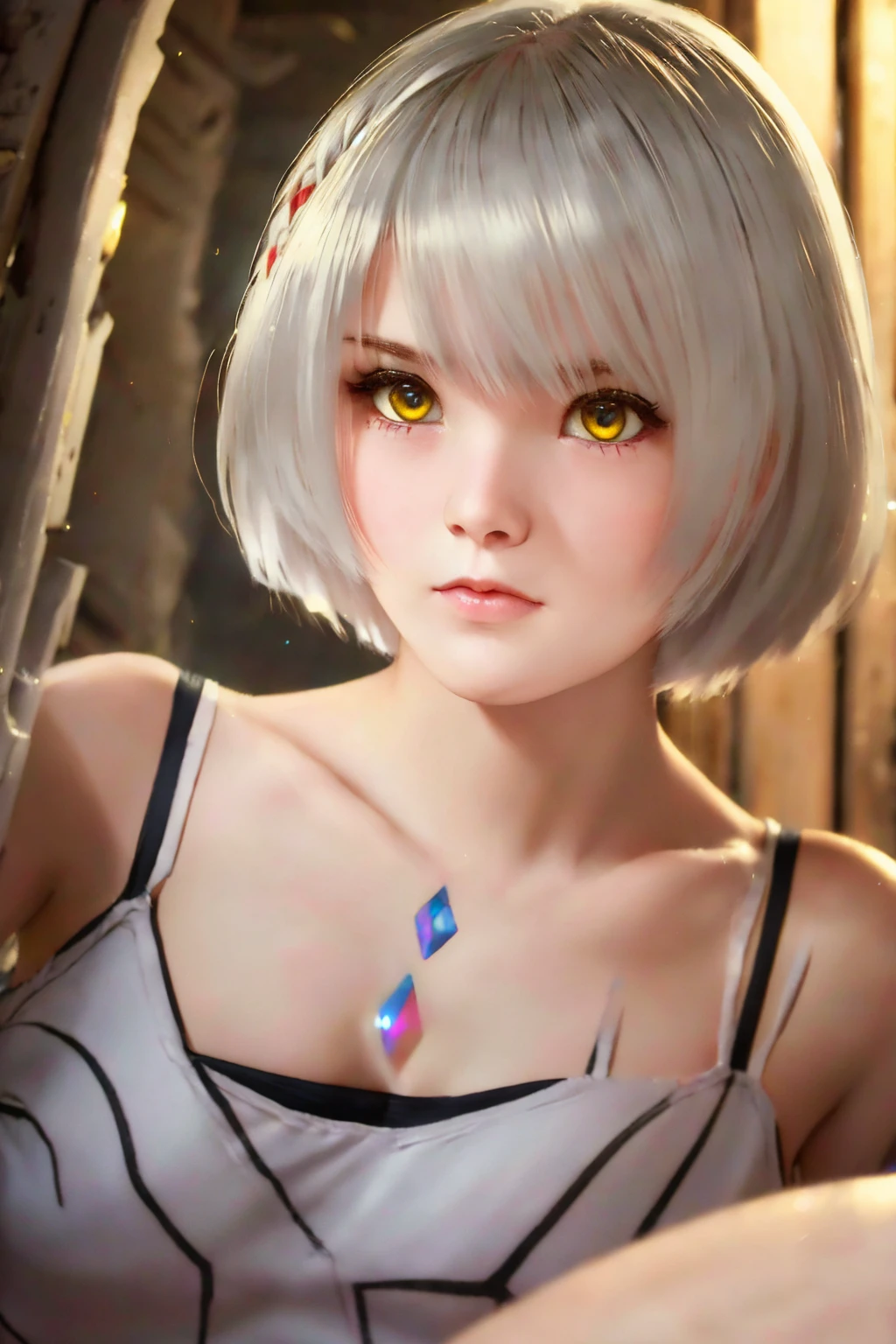 mio/(xenoblade/),masterpiece,a girl,18 years old,white hair,yellow eyes,(small breasts:1.3),detailed face,((Scared)),looking at viewer,full body