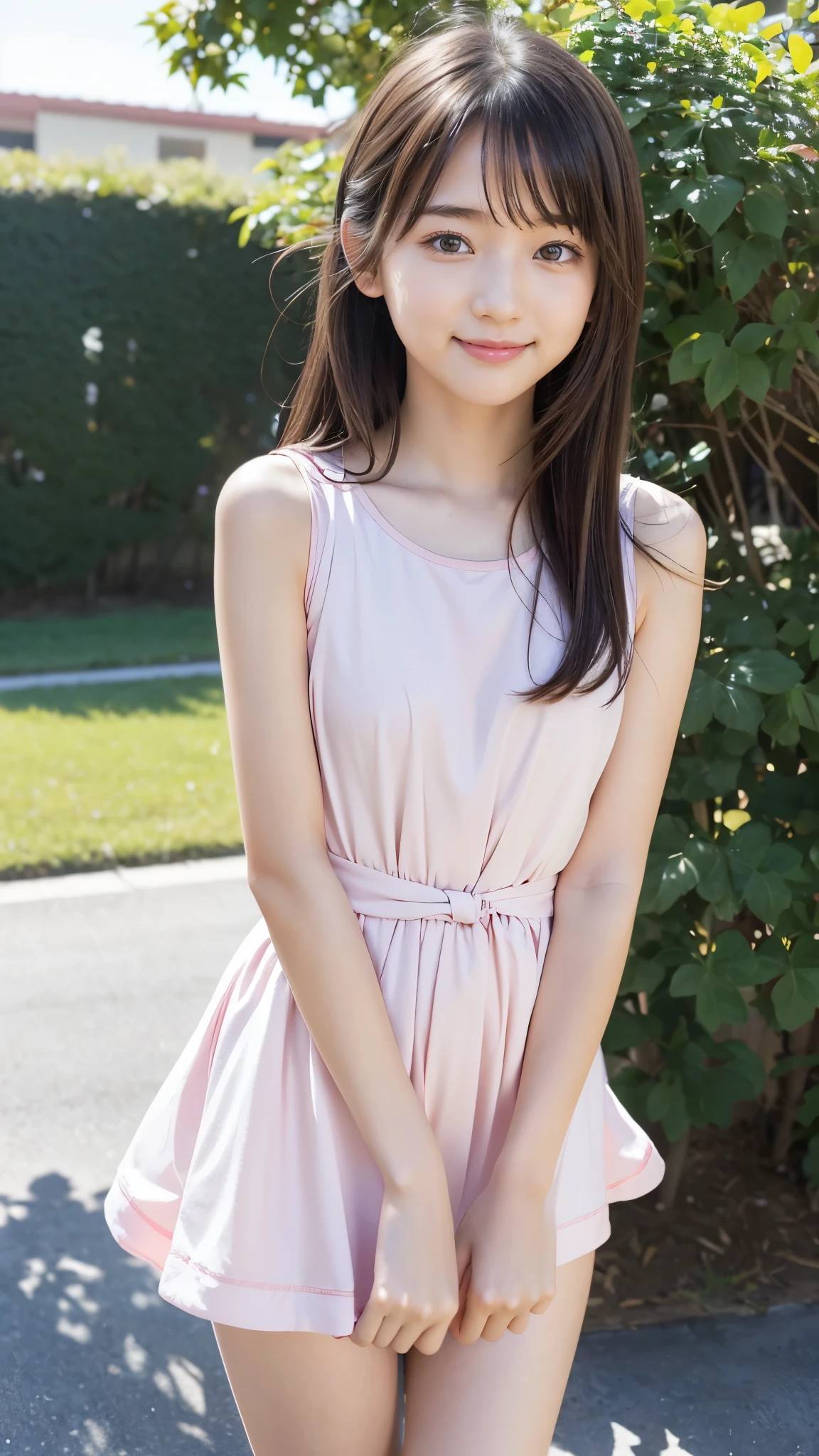 masterpiece, Best Quality,  RAW Photos, Pastel Pinkの庭, ( the wind is blowing ), ( female middle school student,  BEAUTIFUL GIRLS, smug face:1.5, Baby Face:1.5), (delicate beauty, delicate), , White shirt dress,  semi-long, With bangs, (Hair blowing in the wind:1.3),  white skin, (pure), light makeup,  looking at the camera, (Gross々cheek), (cheekの上の光), Pastel Flowers々, (Pastel Pink), Natural Light,  BEAUTIFUL GIRLS, (pure), The right build, ( Tight Waist ), ( slender body line), (Small and slender figure), (Detailed hands:1.3, Perfectly right move), ( detailed eyes and faces that resist tentacles:1.2, Professional photography), (Beautiful small face,  beautiful eyes, High nose, Moisturizing Lips:1.2)