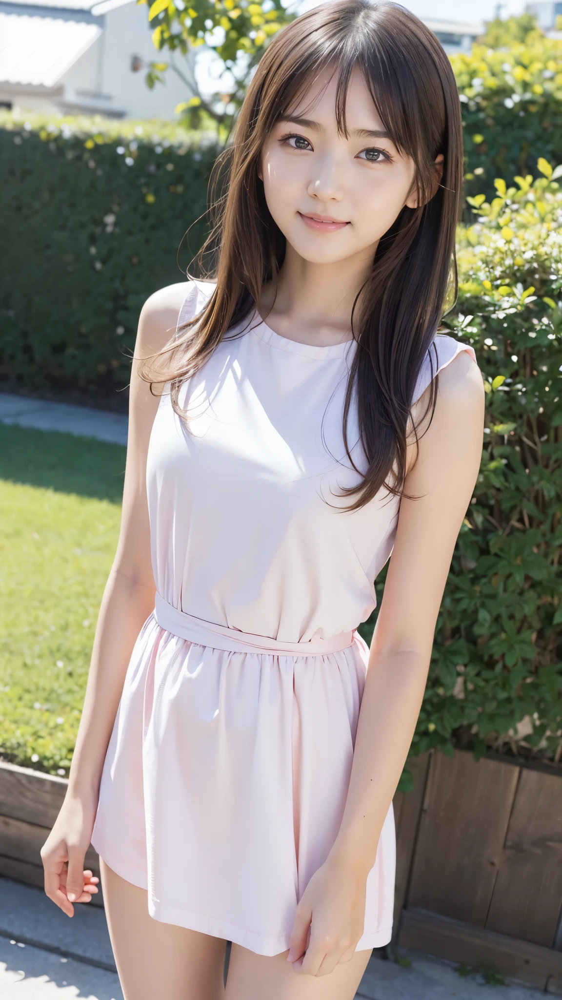 masterpiece, Best Quality,  RAW Photos, Pastel Pinkの庭, ( the wind is blowing ), ( female middle school student,  BEAUTIFUL GIRLS, smug face:1.5, Baby Face:1.5), (delicate beauty, delicate), , White shirt dress,  semi-long, With bangs, (Hair blowing in the wind:1.3),  white skin, (pure), light makeup,  looking at the camera, (Gross々cheek), (cheekの上の光), Pastel Flowers々, (Pastel Pink), Natural Light,  BEAUTIFUL GIRLS, (pure), The right build, ( Tight Waist ), ( slender body line), (Small and slender figure), (Detailed hands:1.3, Perfectly right move), ( detailed eyes and faces that resist tentacles:1.2, Professional photography), (Beautiful small face,  beautiful eyes, High nose, Moisturizing Lips:1.2)