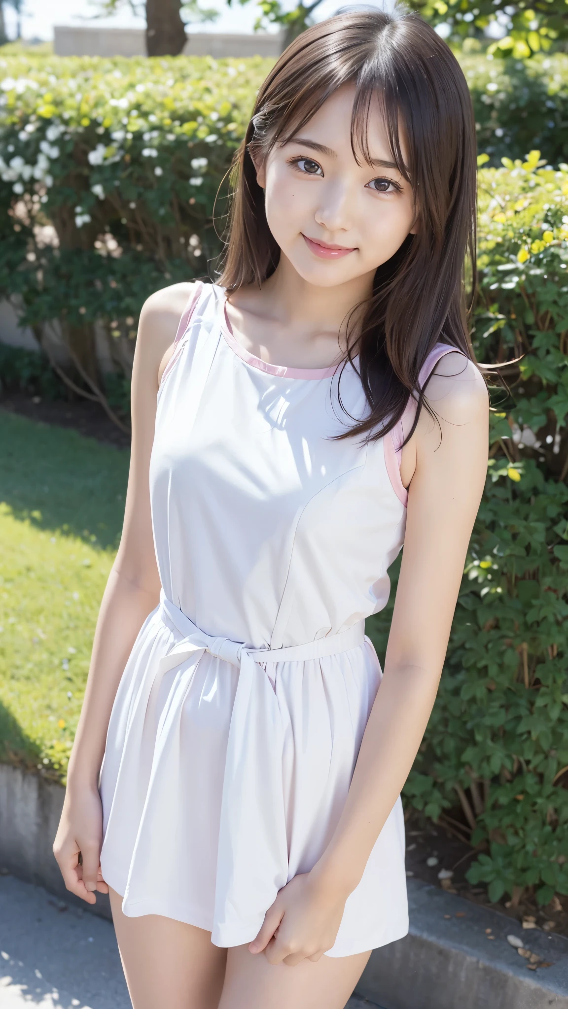 masterpiece, Best Quality,  RAW Photos, Pastel Pinkの庭, ( the wind is blowing ), ( female *********************,  BEAUTIFUL GIRLS, smug face:1.5, *********:1.5), (delicate beauty, delicate), , White shirt dress,  semi-long, With bangs, (Hair blowing in the wind:1.3),  white skin, (pure), light makeup,  looking at the camera, (Gross々cheek), (cheekの上の光), Pastel Flowers々, (Pastel Pink), Natural Light,  BEAUTIFUL GIRLS, (pure), The right build, ( Tight Waist ), ( slender body line), (Small and slender figure), (Detailed hands:1.3, Perfectly right move), ( detailed eyes and faces that resist tentacles:1.2, Professional photography), (Beautiful small face,  beautiful eyes, High nose, Moisturizing Lips:1.2)