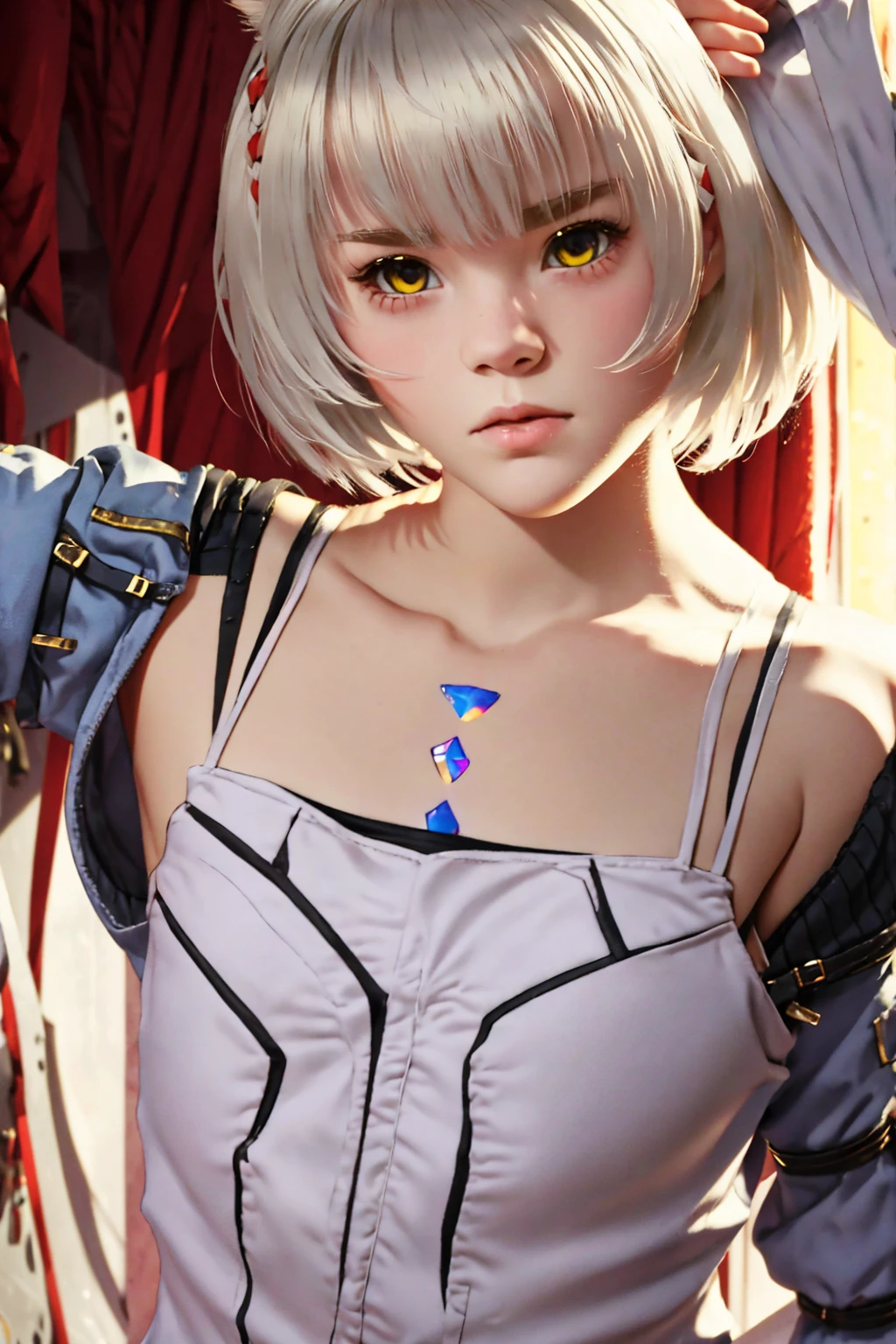 mio/(xenoblade/),masterpiece,a girl,18 years old,white hair,yellow eyes,(small breasts:1.3),detailed face,(Scared),looking at viewer,full body