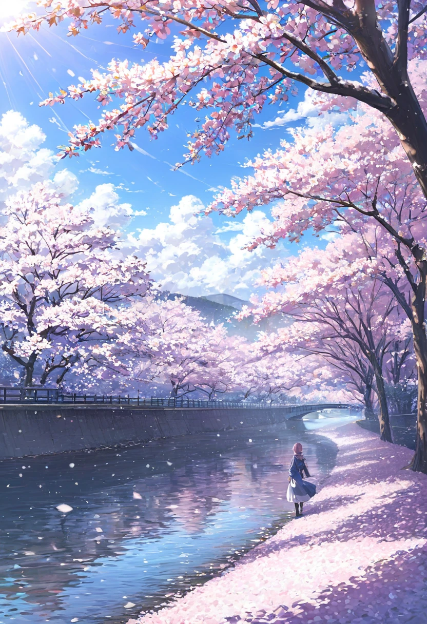 ((pastel))、 woman, river and Senbonzakura , cherry blossoms on one side per ,Cherry Blossom Snowstorm,Pink glow,noon, sunlight shines in, per view from a distance, moving scene 