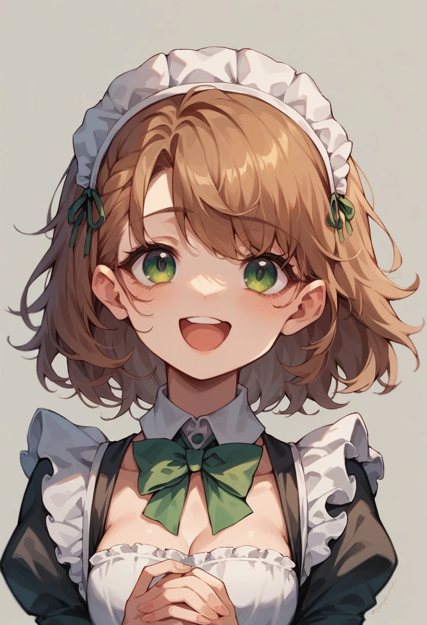 Girl cute,eyes green and purple,hair brown short wavy messy,face happy,maid clothe