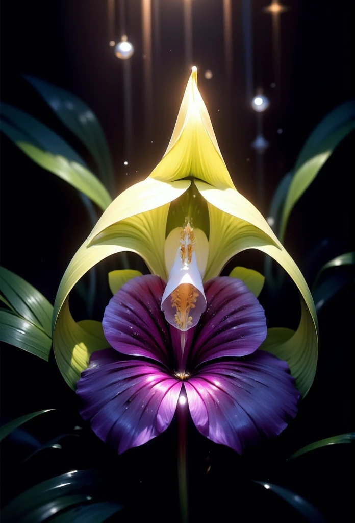 Create a surreal,  sharp-focus and detailed close-up of the Roths's Orchid (Paphiopedilum rothsianum), showcasing its extraordinary beauty and rarity. The flower should be depicted in full bloom, with its striking vertical green and yellow petals gracefully arching upwards. The large, velvety lip should be a vibrant mix of deep purple and soft pink, accentuated by intricate patterns that add depth and texture. Surround the orchid with lush, tropical foliage, enhancing the exotic atmosphere. Soft, diffused light should illuminate the scene, highlighting the delicate details of the petals and casting gentle shadows, evoking a sense of mystery and allure. The background should be dark and subtly blurred, drawing attention to the orchid as the focal point of this botanical masterpiece.