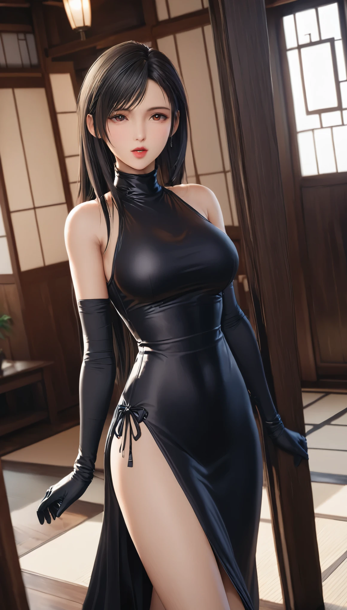 (masterpiece,Best Quality, ultra high resolution),Inside the Western-style building,One Japanese woman,In heat,A seductive and alluring expression,Her beautiful black hair is tied back,bangs,Baby Face,Beauty,Pursing his lips,
(((Very beautiful 20 year old))),Big Breasts、(black satin high neck long dress:1.5),(Tight fit),
Bodyline,(Satin Opera Gloves:1.8),(Satin Knee High Boots :1.8),Satin has a very strong luster,( place arms behind head :1.8),(Walking:1.8),( black panties:1.5),Full body photo