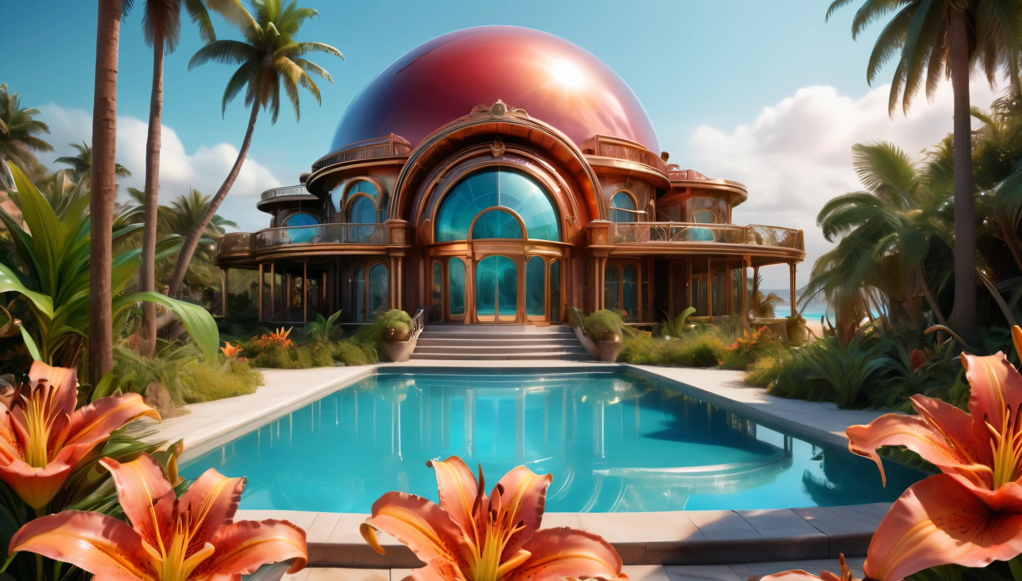 (photorealistic taken with a medium format camera +2), A Futuristic mansion just back from the beach front, the mansion has a large Golden Bronze glass dome with chrome marble and industrial style construction, the beach is golden sand with aqua blue ocean, there are large waves braking on the beach, and beautiful bikini girls playing on the beach, coconut trees and tropical forests are the background, red and yellow lilies Professional photography, with the afternoon sun making a beautiful tropical sunset, very high resolution Tiff, HSSBLD_2900