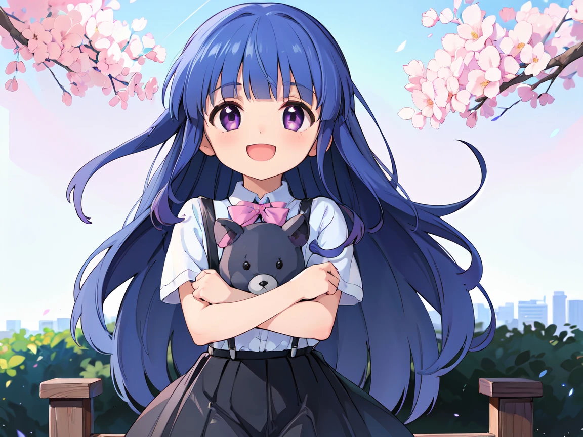 ((Hug a fluffy stuffed animal)), Natural Light, Outdoor park, happy posture , Flowers in the background, Furude Rika,  blue hair,   purple eyes, Long Hair, blunt bangs, bangs,   white shirt,  pink ribbon,  suspenders,   Black Skirt ,  girl, Alone