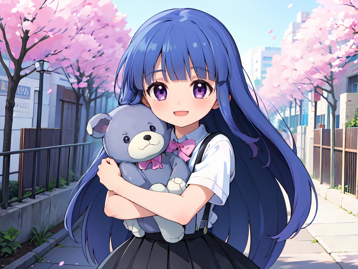 (( hug a big stuffed animal)), Natural Light, Outdoor park, happy posture , Flowers in the background, Furude Rika,  blue hair,   purple eyes, Long Hair, blunt bangs, bangs,   white shirt,  pink ribbon,  suspenders,   Black Skirt ,  girl, Alone