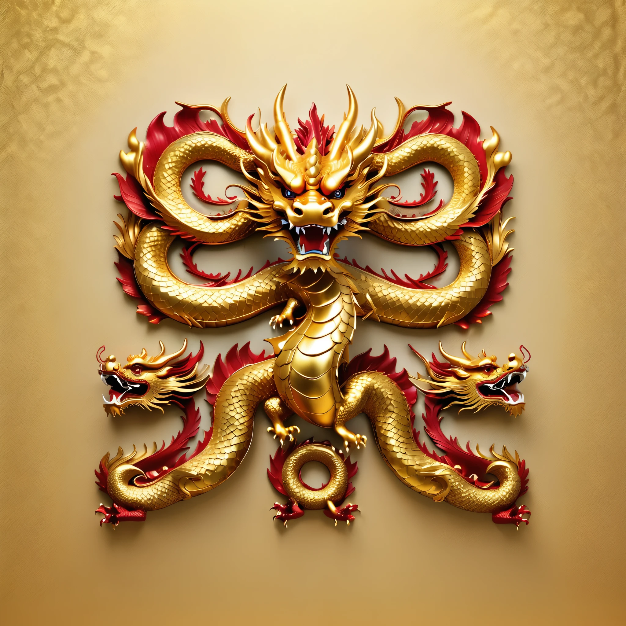  a set of continuous golden dragon sculptures in the same style from different angles,Photograph ,ruby，Exquisite pattern，Medieval style,Gold background