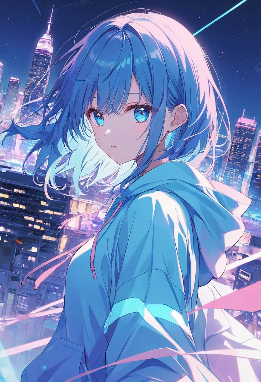 ((anime,pastel))、 woman, wearing a hoodie, blue eyes ,Shining Eye , neon color scheme ,City buildings,night景,Shining,night, light shines in , per view from a distance, moving scene 