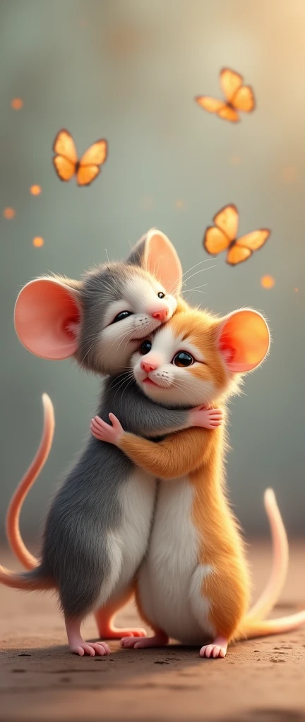  maximum tenderness and tenderness , fly in a circle above them. A charming ((funny mouse and an adorable unreal cute kitten hug each other)) while standing on their hind legs,fantastic style,cuteness,close angle,8k rendering,neutral blurred background , ( little butterflies )