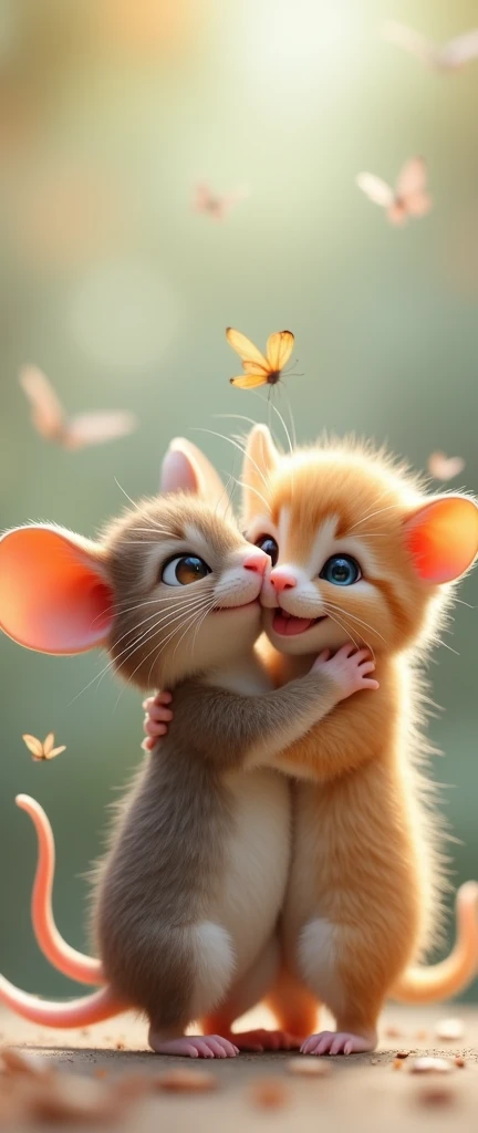  maximum tenderness and tenderness , fly in a circle above them. A charming ((funny mouse and an adorable unreal cute kitten hug each other)) while standing on their hind legs,fantastic style,cuteness,close angle,8k rendering,neutral blurred background , ( little butterflies )