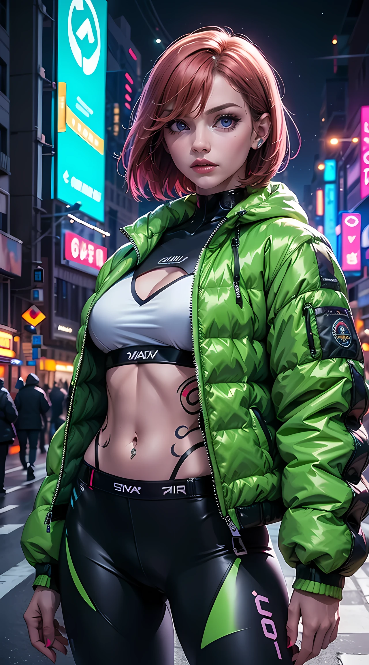 Beautiful short hair woman is shown to have a tiny figure, colorful hair, wearing future green cyber city clothes, big green colorful puffy jacket, lots of facial piercings, tattoos, neon city, cybernetics, she has blue eyes, sexy session, elegant posing, cowboy shot, superior quality, many details, realistic,