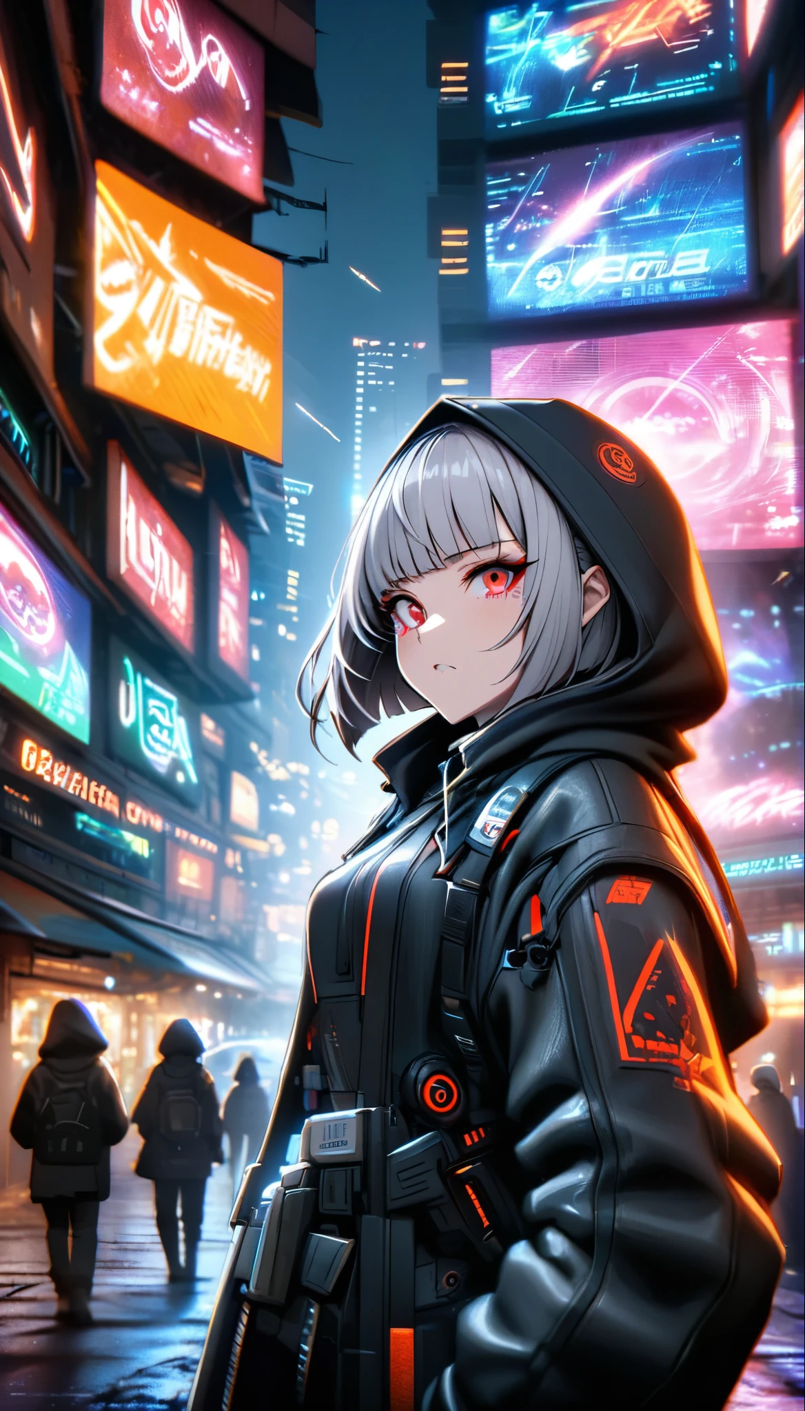 
beautiful girl, bob-cut hair, Gray Hair, Red eyes, Black hood, Futuristic,  cyberpunk,  cybernetics， panorama, Kampala, I feel the gaze ,comet,Spectacular