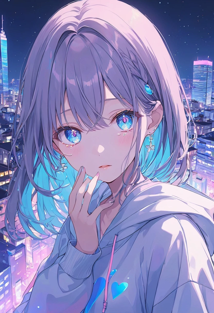 ((anime,pastel))、 woman, I'm wearing a hoodie, blue eyes ,Shining Eye ,tears, spilling out of eyes ,tearsが輝く, neon color scheme ,City buildings,night景,Shining,night, light shines in , moving scene masterpiece,Best Quality,Exquisite,8k, absurd, super detailed illustration ,( watching the audience)