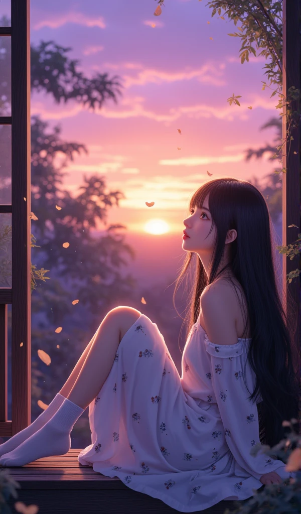  A beautiful young Japanese woman.
 black hair , far away, fluttering. 
honey-colored eyes, expressive, deep,  Cintilante, obfuscating.
 She is wearing a white dress with a cat print and white socks .
Ela esta sentada na varanda de sua casa admirando o por do sol  Cintilante, obfuscating, lilac and orange gradient . 
 The leaves of the trees fall in the wind breeze .
A magical scene
(anime style 32K, HDR, UHD, intricate detail, extremely intricate detail, hyperrealistic, extremely realistic, high quality, vivid color, extremely detailed).