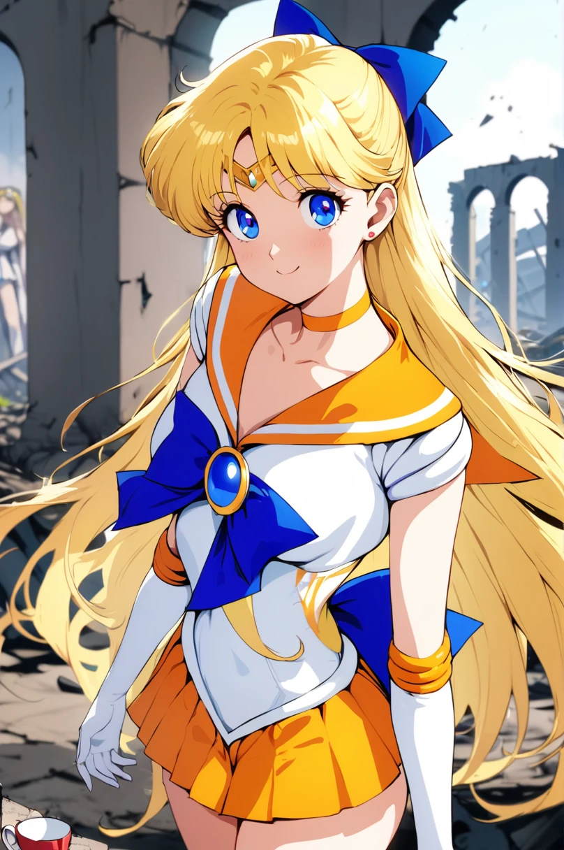 masterpiece, Best Quality,  so beautiful, Absurd,  in awe , Long Hair,  blond hair,  hair bow,  tiara ,  blue eyes ,  earrings with cups,  Orange Choker, clavicle, Orange sailor collar,  blue bow tie,  white shirt,  white leotard ,   Elbow Gloves , White gloves,  Pleated Skirt , Orange Skirt,   place your hand on your lower back, smile, Ruins,  standing ,  cowboy shot,