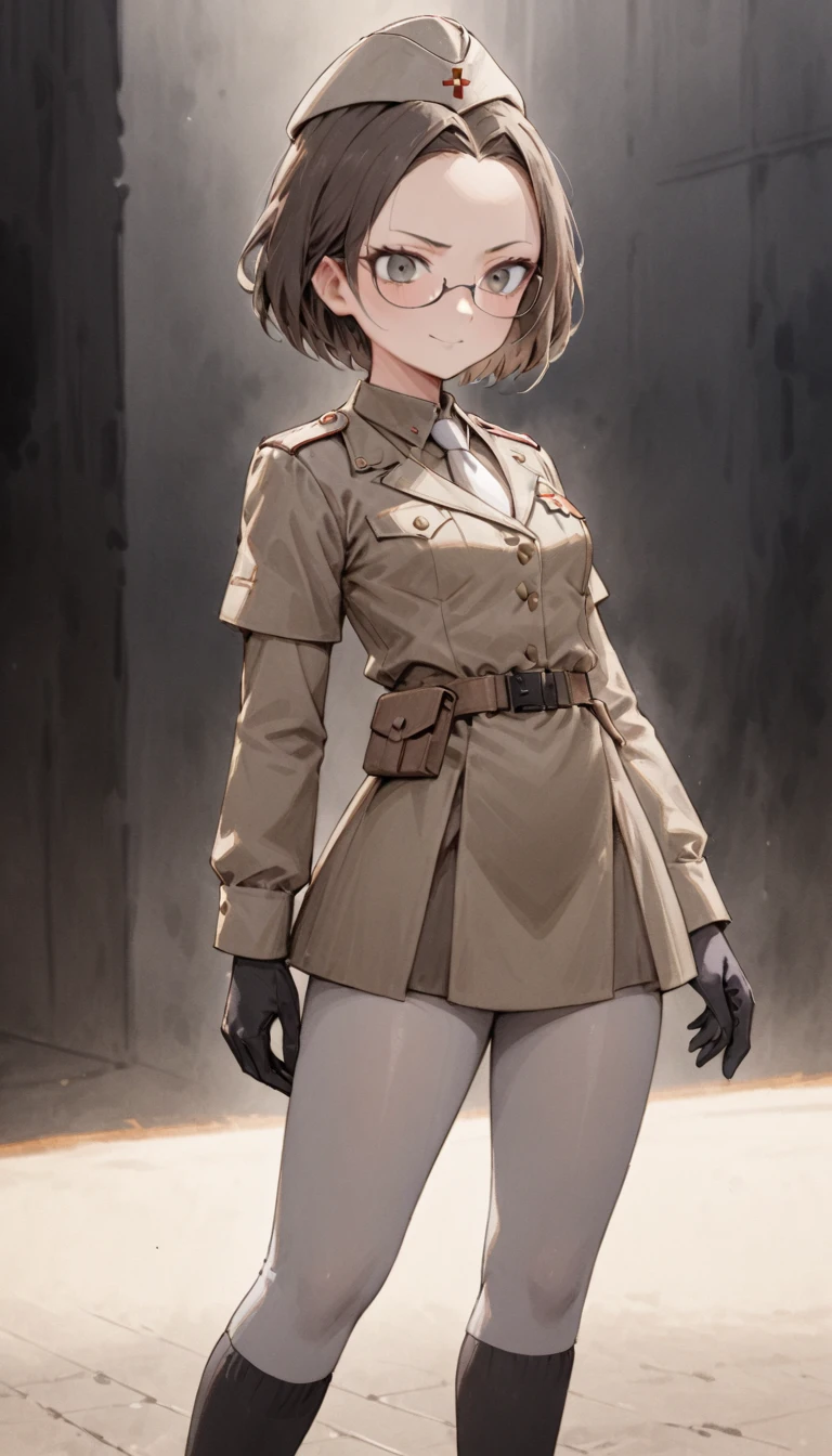 best quality, ultra detailed, dark atmosphere, impressionism, Femdom, pastel academia, watercolor, soft-edged, dramatic lighting, exquisite, grinning, frowning, medic girl short hair (forehead side part), ridicule smile, delightful, (sanpaku), violet leotard,White necktie,(Gainsboro White tights3),White short sleeve blouson,White military,White beret, (black opera gloves), glasses skinny, urban tactical harness magazine pouch, black long boots, black socks, 