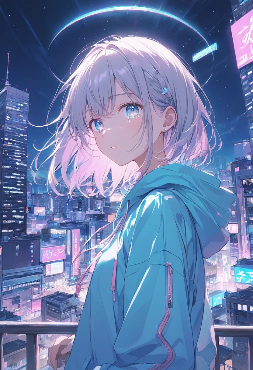 ((anime,pastel))、 woman,Turn around and look this way, wearing a hoodie, blue eyes ,Shining Eye ,tears, spilling out of eyes ,tearsが輝く, neon color scheme ,City buildings,night景,Shining,night, light shines in , moving scene masterpiece,Best Quality,Exquisite,8k, absurd, super detailed illustration ,( watching the audience)