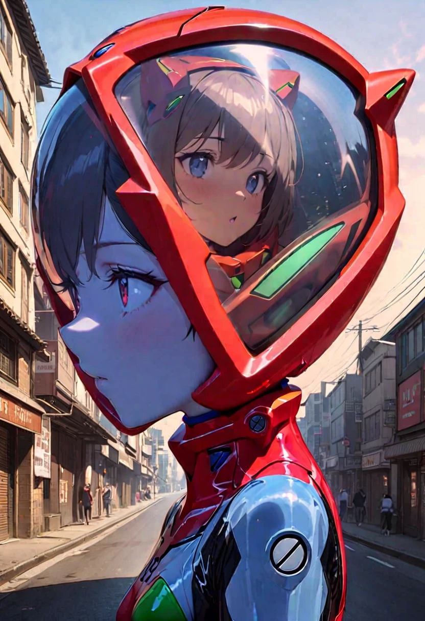 8k, Ultra-high resolution, Highest quality, masterpiece, Rule of thirds photograph,surreal, photograph, pretty girl, Cute Face, Beautiful eyes in every detail, Detailed,masterpiece,,,,,,,,,,, ( short hair, street, emo eyeliner, apocalypse, girl, city, road space helmet, muvluv, eva helm, evangelion,, plugsuit , space helmet, eva helm,red bodysuit, short hair, ,,plugsuit, red bodysuit,evangelion,(red helmet:1.2), space helmet, cat ears, Japanese female,hort hair, bangs, ahegao, red helmet,,