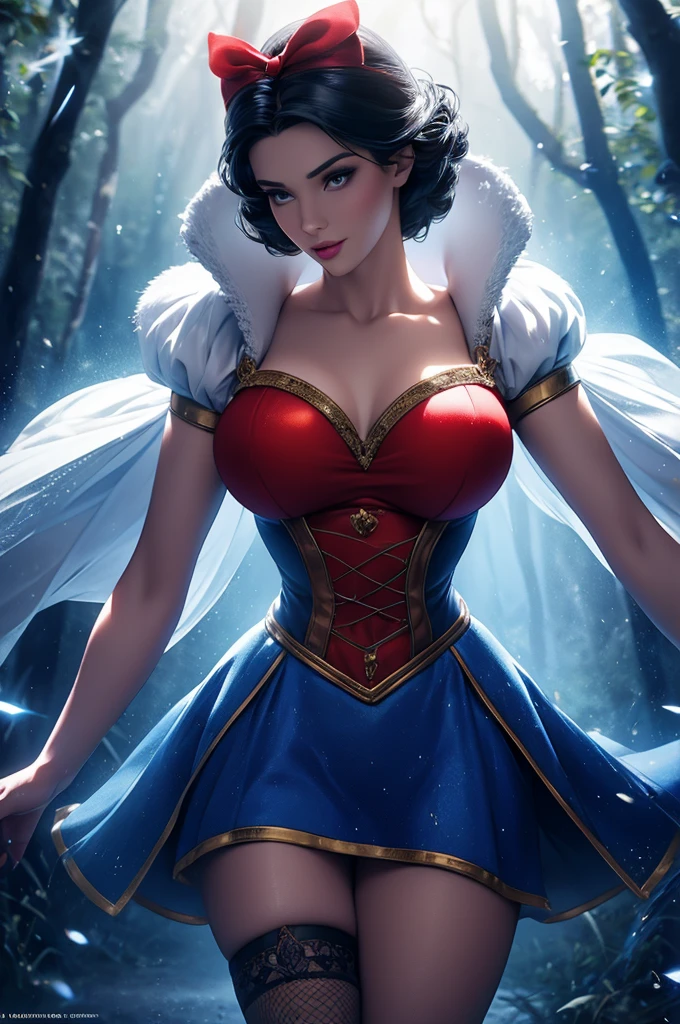   Snow White  , realistic 1.2,    Snow White  ,  Disney Princess , athletic body, with short hair,   Red ribbon on the head ,   large breasts , trees behind, Sensual, red and blue lingerie , fishnet stockings, vfx (Visual Effect)  highlight intricate anatomical features in a perfect way. sfx, complement visual art, immersing the viewer. The level of detail is inspiring,  with meticulously crafted intricate elements ,  Volumetric effects add depth and dimension , and the photorealism is unmatched.  The image is rendered in 8K resolution ,  ensuring super-detailed visuals . Volumetric lightning adds a touch of magic,  highlighting their beauty and the aura of a supernatural form .  High Dynamic Range technology  (HDR)  makes the cores stand out , adding richness to the overall composition. Finally, this art presents an unreal portrait.