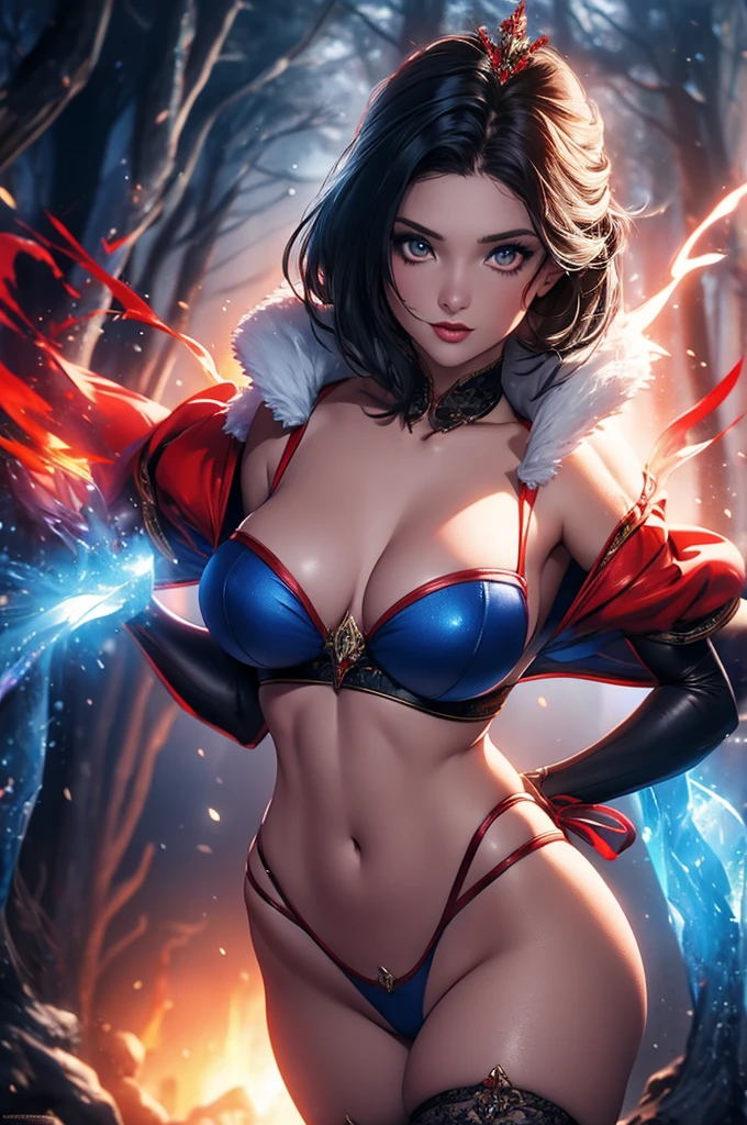 finest image, (8k, RAW photo, realistic), detailed and delicate depiction and flashy and dynamic painting method, cool beauty female, iridescent white flowing layered short hair, blue shining big eyes, long eyelashes, double eyelids, half open crimson alluring moist big thick lips, amorous expression, lewd expression, huge breasts, under boobs, side boobs, abs, slender, perfect proportion, hot pink lace micro mini bra and panty, black leather long coat without buttons, black Ushanka, black engineer boot, blurry background snow field, falling snowflakes and ice crystals, fantasy, many red petals, iridescent golden particles, iridescent light, professional lighting