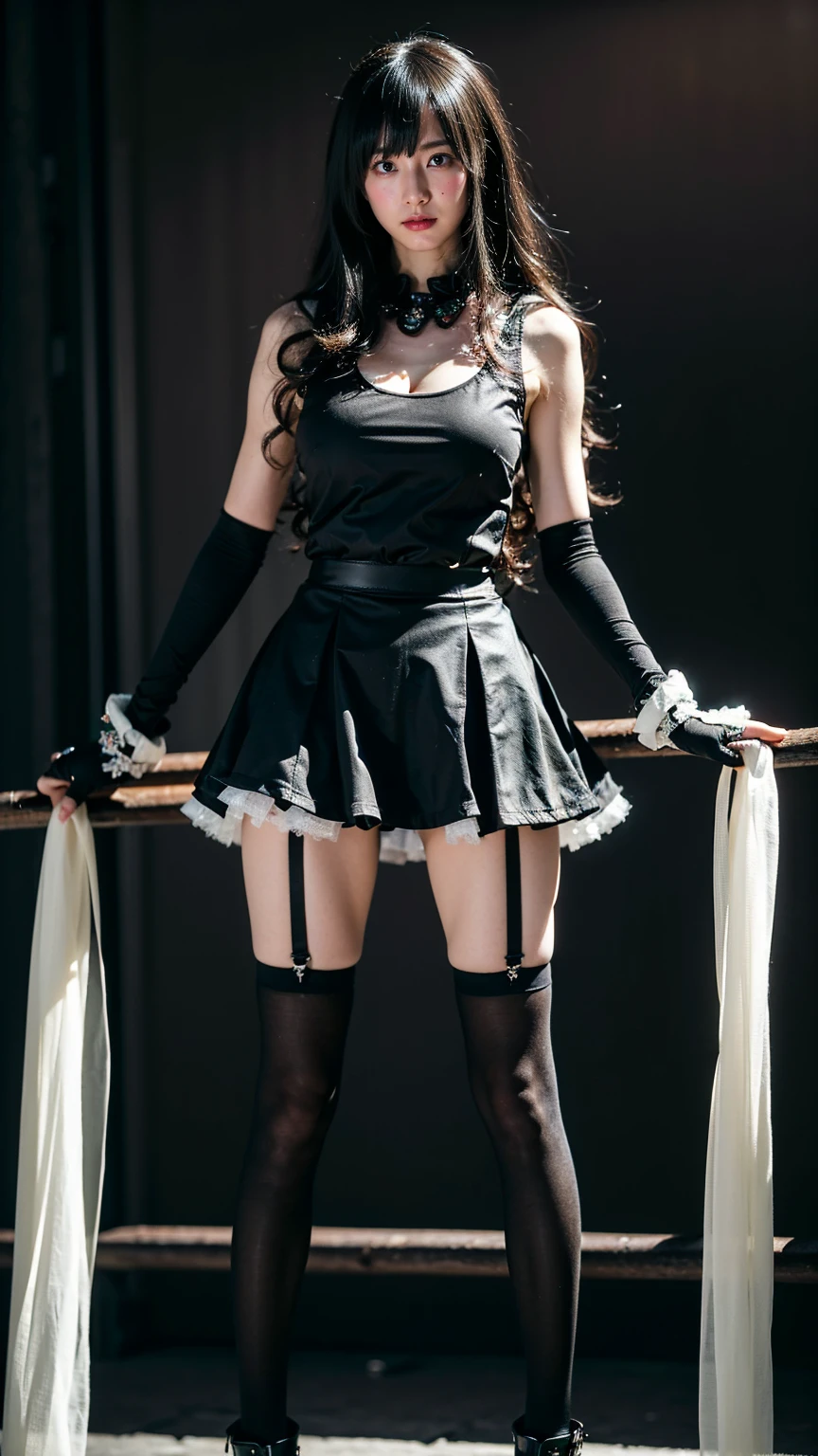 (8k、RAW photo、Best Quality、masterpiece:1.2)、(Realistic、Realistic)、1 person、((Black and White、  sleeveless 、Large Breasts、 see-through 、 curly hair 、、tights、Gloves、 garter ring、   miniskirt in length 、Thin legs、whole body、  Legs decorated with 、 I'm standing with my hands on my hips 、Dark basement))、cute