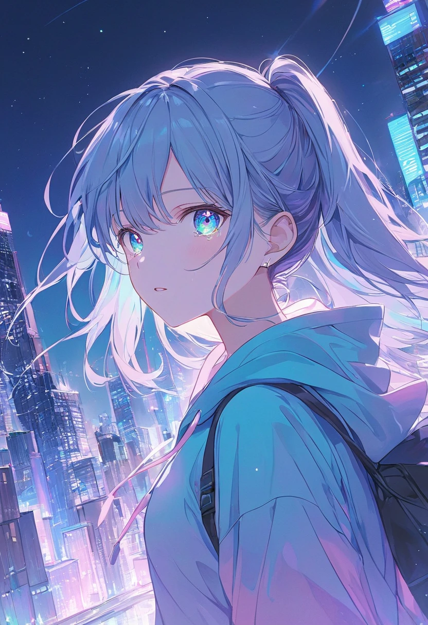 ((anime,pastel))、 woman,Turn around and look this way, wearing a hoodie, blue eyes ,Shining Eye ,tears, spilling out of eyes ,tearsが輝く, neon color scheme ,City buildings,night景,Shining,night, light shines in , moving scene masterpiece,Best Quality,Exquisite,8k, absurd, super detailed illustration ,( watching the audience)