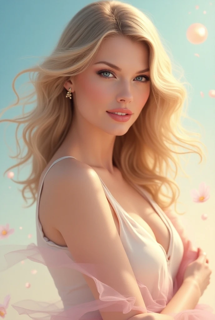 a blonde woman, in the style of natural, big chest, in a tropical island, pastel drawing art style, pastel colors, delicate shading, dynamic composition, soft and velvety pastel textures, amazing pastel drawing
