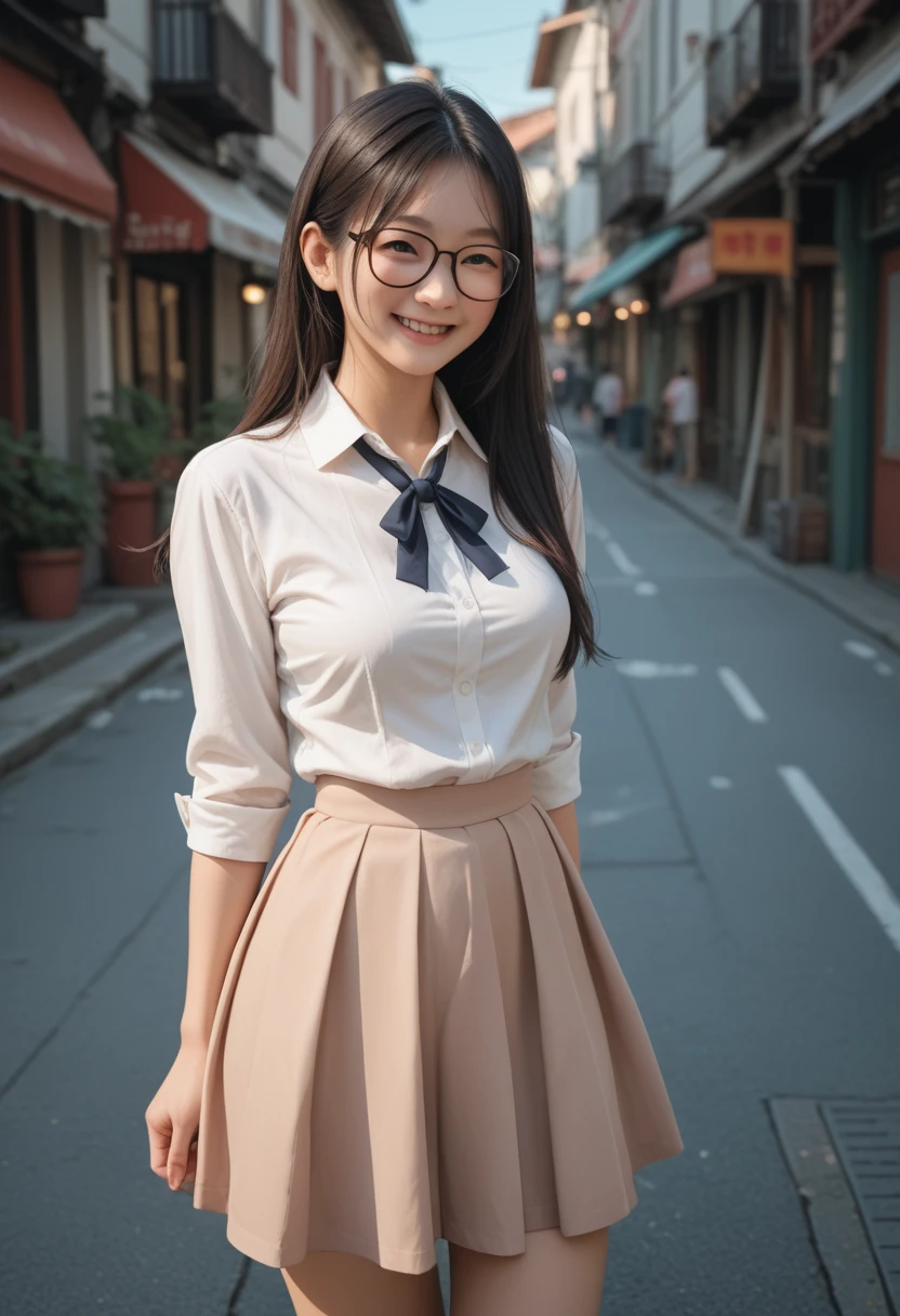 Asian,long hair,straight hair,middle part,medium breasts,Glasses,blouse,skirt,light smile,sity