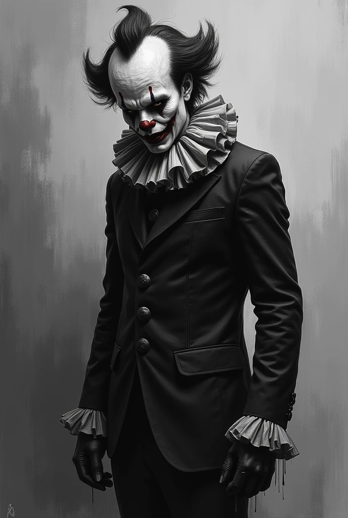 Splatterpunk. Horrifying maniac clown Art in a black and white suit. Grotesque fantasy, muted palette and dry brush technique, creating a feeling of hopelessness, desolation, despair, dirt, dark monochrome background. (Minimalism: 1). Ideal body anatomy.
