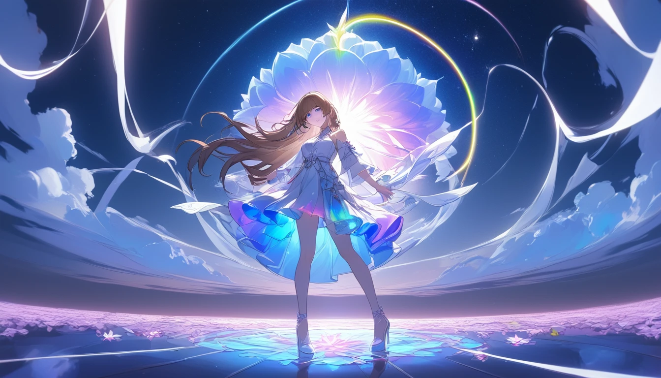 ตามลำพังFull body, Standing on a flower , . Gorgeous digital photo Raw  , ((honkai star rail)) , Full body, 1 girl,  sky white set  , Put on high heels , Fine, nighttime, . Power floor, starry sky.,  brown hair , Purplish blue eyes  ,((Holding a rainbow glass of water)) , lines of light, sound of music 