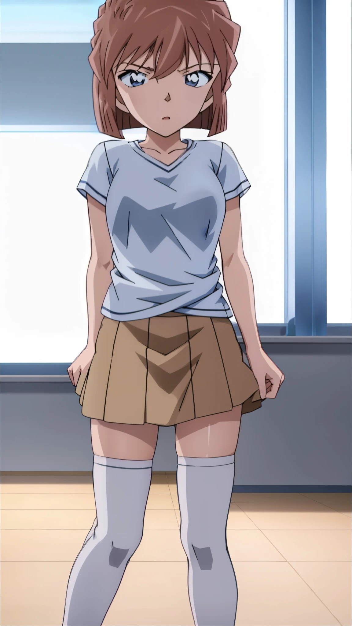 masterpiece, highres, official art, solo, blonde hair, tsurime, smile, smug, shirt, short sleeves, neck ribbon, red skirt, brown skirt, pantyshot, panties, underwear, nakamura masumi