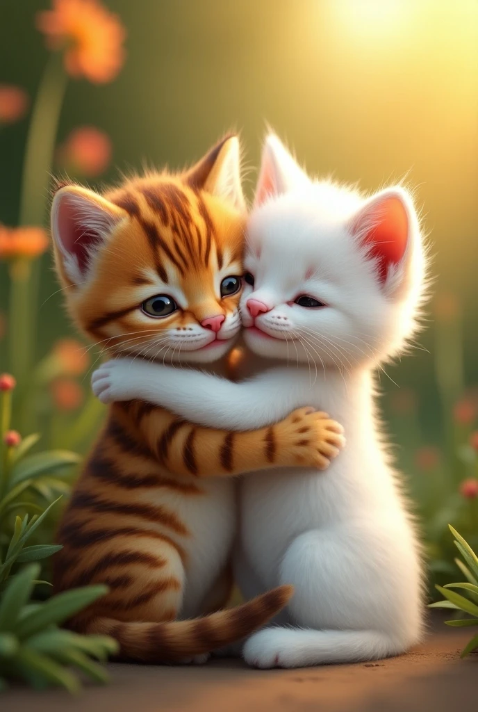 世界一 cute茶虎柄の子猫と世界一 cute白い子猫がハグをする、Scenery of friendship 、Realistic、precious、 cute、本当に cute、Too cute