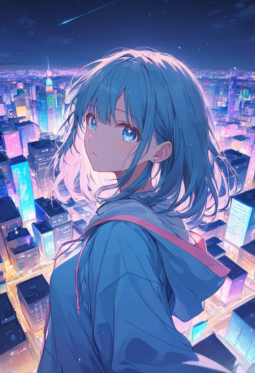 ((anime,pastel))、 woman,Turn around and look this way, wearing a hoodie, blue eyes ,Shining Eye ,tears, spilling out of eyes ,tearsが輝く, neon color scheme ,City buildings,night景,Shining,night, light shines in , moving scene masterpiece,Best Quality,Exquisite,8k, absurd, super detailed illustration ,( watching the audience)