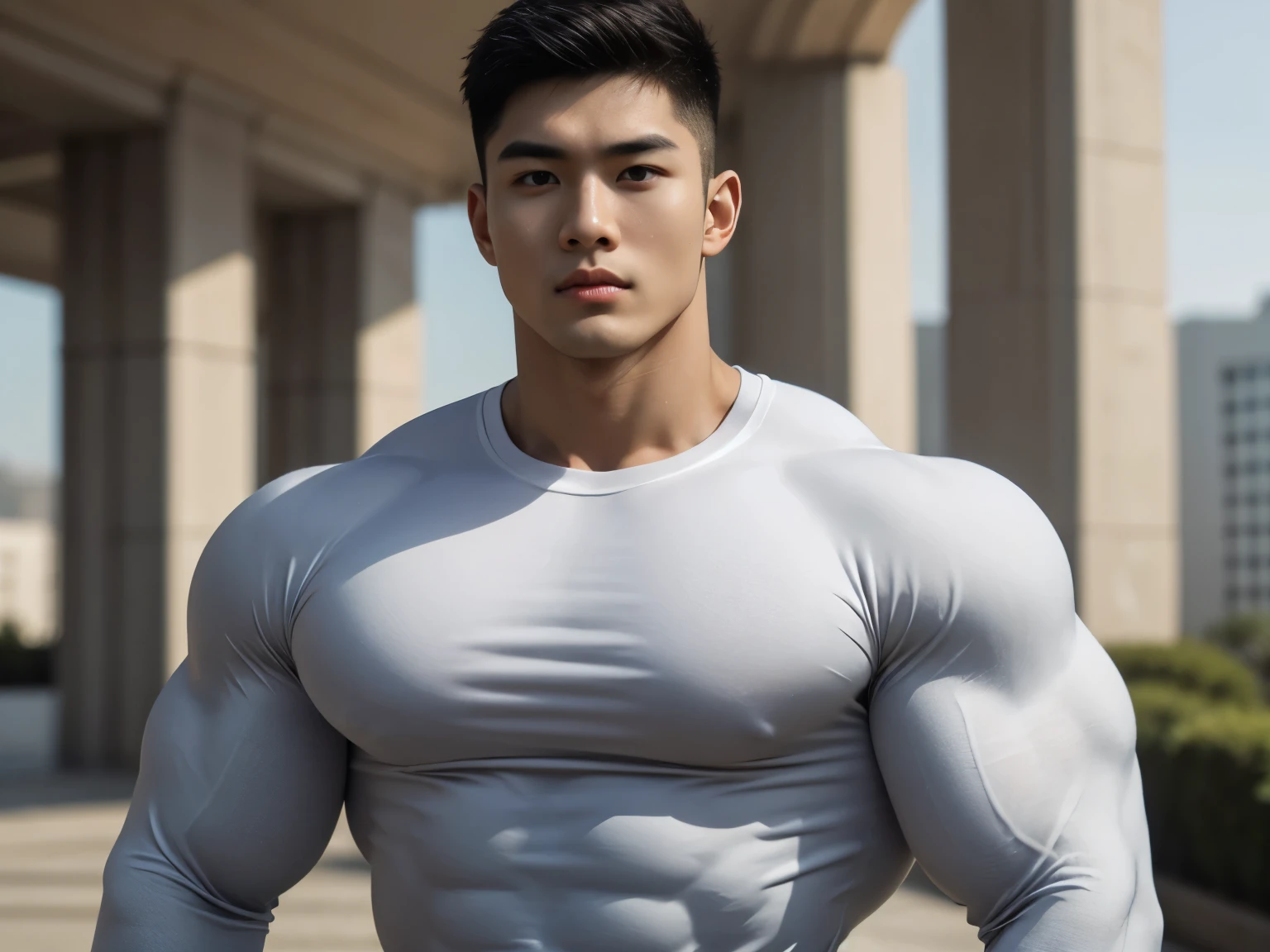 black long-sleeve compression shirt, a close up of a boy wearing a black long-sleeve compression shirt, hyper pectorals, huge pecs, 1boy, shy young Asian boy, very beautiful, tall, lanky, thin, lean, exaggerated large pecs, asian male, ripped, hyper pecs, quiet personality, model face, shy, young, youthful, sweaty, high quality, photorealistic, bulking, bulked up,