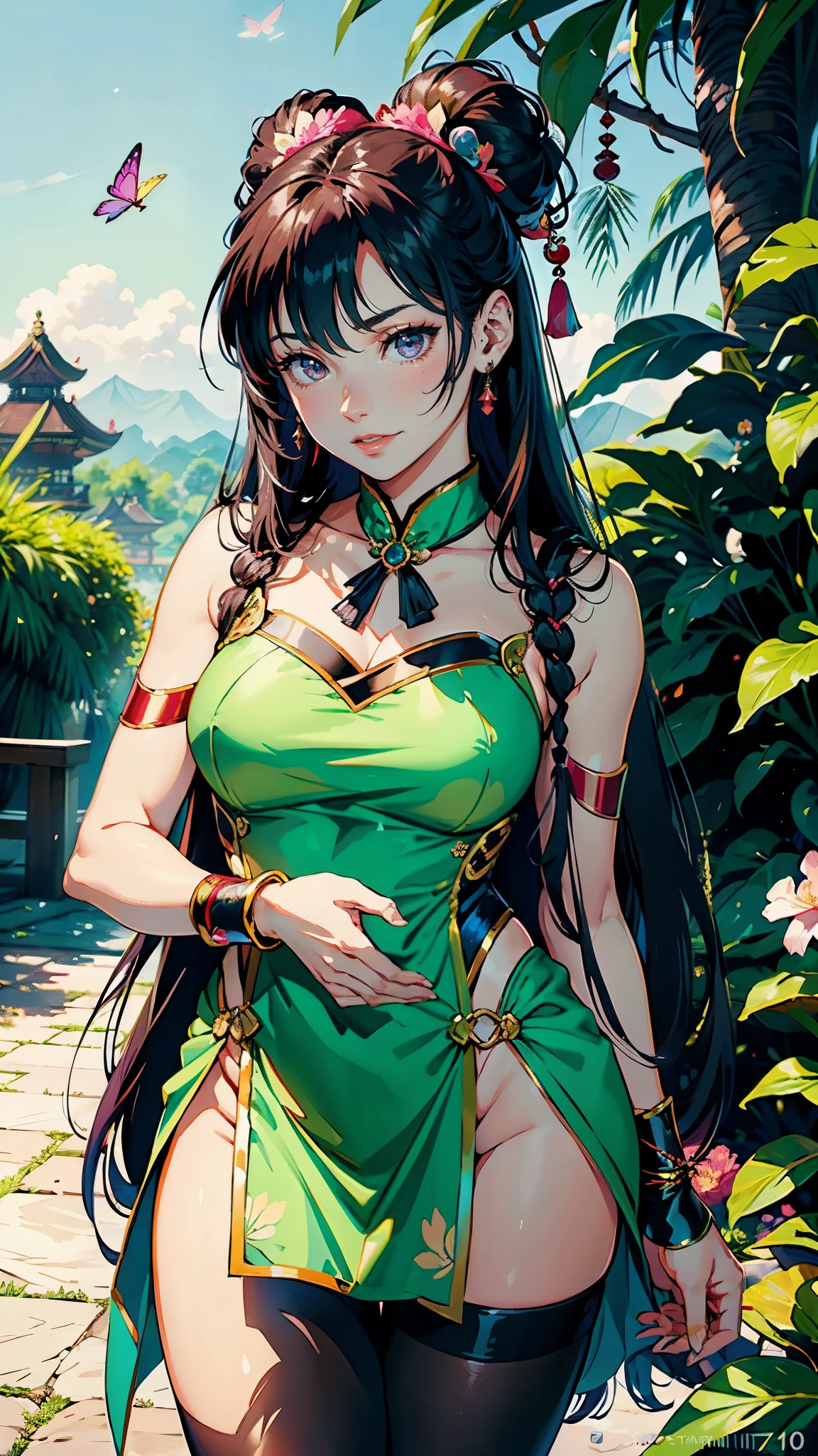 (highest quality, masterpiece, High resolution)、(anime art)、bright light、brown eyes、(sailor moon buns)、long hair、hair ornaments、Cute face details、enchanting smile、small breasts、whole body、((sakura tropical)) (best quality,4k,8k,highres,masterpiece:1.2),ultra-detailed,(realistic,photorealistic,photo-realistic:1.37),acrylic painting,beautiful Indonesian model wearing a vibrant green pink Chinese traditional silk dress, beautiful Indonesian model in a green pink silk Chinese traditional outfit with downy hair,beautiful Indonesian model's green pink silk Chinese silk dress adorned with cute bows and chains, beautiful Indonesian model with extremely colorful hair and detailed facial features,beautiful Indonesian model standing in a beautiful garden, beautiful Indonesian model with intricate accessories,beautiful Indonesian model posing gracefully,beautiful Indonesian model with long flowing long hair,beautiful bright brown eyes and rosy lips,beautiful Indonesian model with a joyful expression,beautiful Indonesian model in a dynamic pose with sakura blossoms falling around her,beautiful Indonesian model surrounded by colorful flowers and butterflies, tights,beautiful Indonesian model with an enchanting smile,beautiful Indonesian model with soft, pastel-colored shading, beautiful Indonesian model with a fairytale-like background,sailor moon hair, two hair buns, flower in hair, hair ribbons, hair ornaments,
