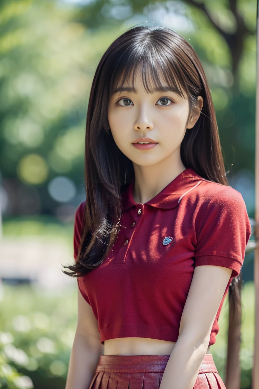 Japanese、high school student、Beauty、Facing forward、Kind eyes、Smiling Kindly、mini skirt、Polo shirt、Arms are behind the back、