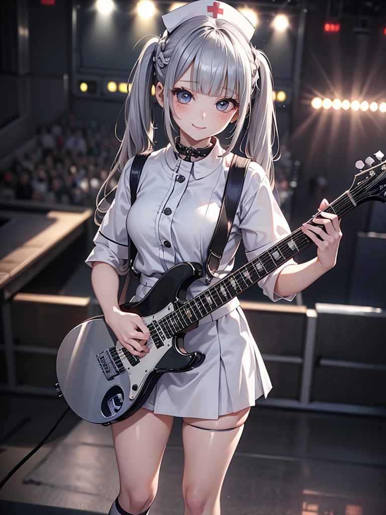 8k, Best Quality, The real picture,  complicated details, Very detailed,  ultra high resolution,  depth field , ( realistic, realistic),  table top to cover upper arms, (( Full Body Shot )), (((( standing and playing electric guitar)))), ((( 1 girl))), eye_Chan,  so beautiful, innocent big eyes, Beautiful breasts, 非常に詳細なeye, (Beautiful breasts), ((Silver Hair)), (Braided twin tails), ( asymmetrical bangs), Perfect Skin, Fair skin, Small breasts, Tight waist, Alone, ( Stares at Viewers), (smile), ((Nurse uniform)), (White micro mini tight skirt ), (Standing in the concert hall )