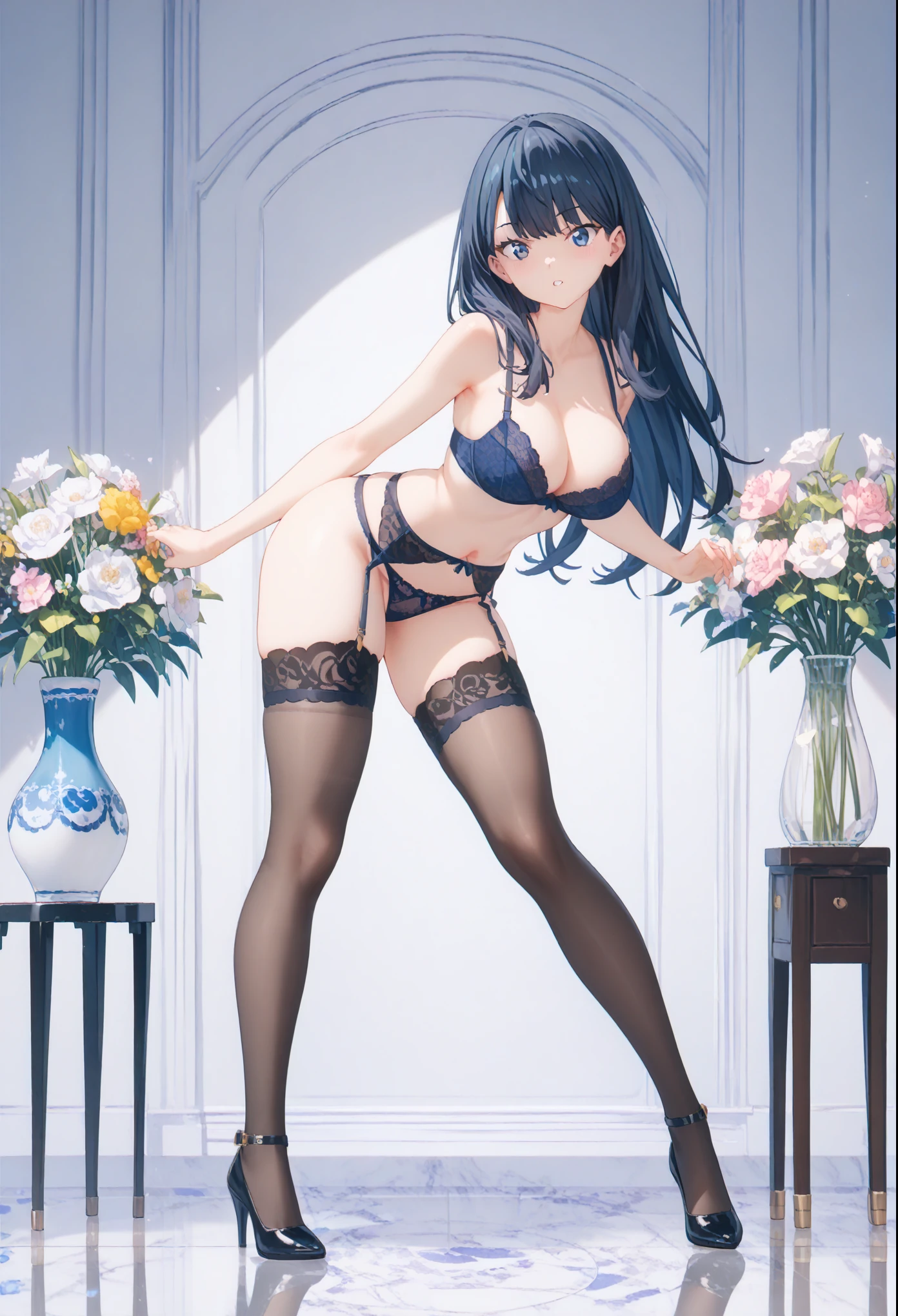 Best Quality, Ultra High Resolution, (Photorealistic: 1.4), Beautiful Eyes, Super Beautiful, Very Long Hair, Beautiful, Sweetheart, Beautiful Soldier, Eyes That Invite Viewer, Lover's Perspective, Inviting Expression, Sexy Smile, Perfect Style, Perfect Balance, Detailed Skin, Naughty Gaze, ((Naked)), platinum blue hair, red eyes, (high heels), (stockings), gold ornamental necklace, ((tiny breasts, slender, petite)), ((1 girl))