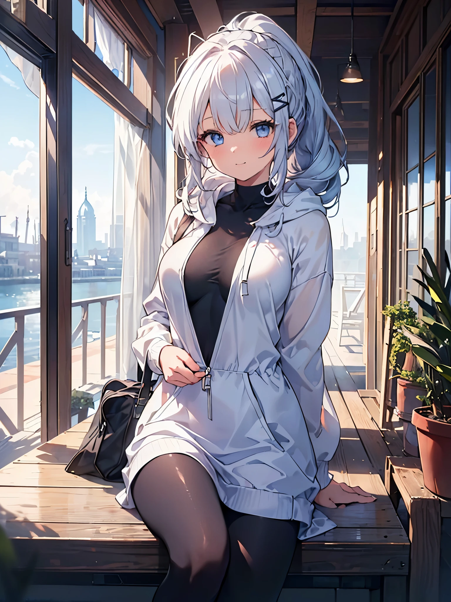  one girl , Curly Ponytail, smile,  blue eyes , Wear a white hoodie, (terrace）, (（morning）), masterpiece, 8k,  Full Photo, The perfect outfit,  perfect anatomy, Sharp resolution,  shallow depth of field ,  Soft Shadow ,  casual and relaxed atmosphere , Natural light pours in, Hair clip, Beautiful breasts、Black tights、20 years old