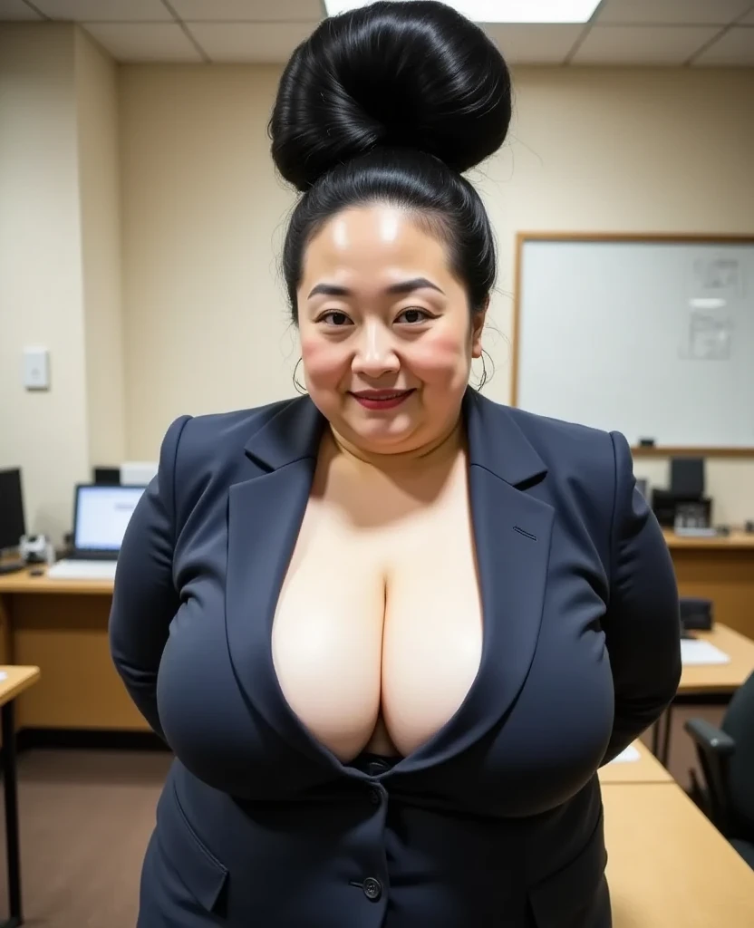 8k,Highest quality, masterpiece, Ultra-high resolution,(masterpiece:1.6, Highest quality), Intricate details, 1 female,Middle-aged woman in her 50s, japanese, full body, ((dynamic pose:1.3)), top of head, ((A gigantic hair bun, A huge hair bun:1.5)), ((jet Black Hair)), ((forehead:1.5)), Extremely obese, Fat face, round face, Saggy face, crow's feet wrinkies, ((huge breasts, gigantic breasts:1.5)), ((super Saggy breasts:1.5)), ((cleavage:1.5)), pale skin, shiny skin, ((teacher, suit, morning assembly, nsfw, sweat, steam, trembling, drool:1.2))