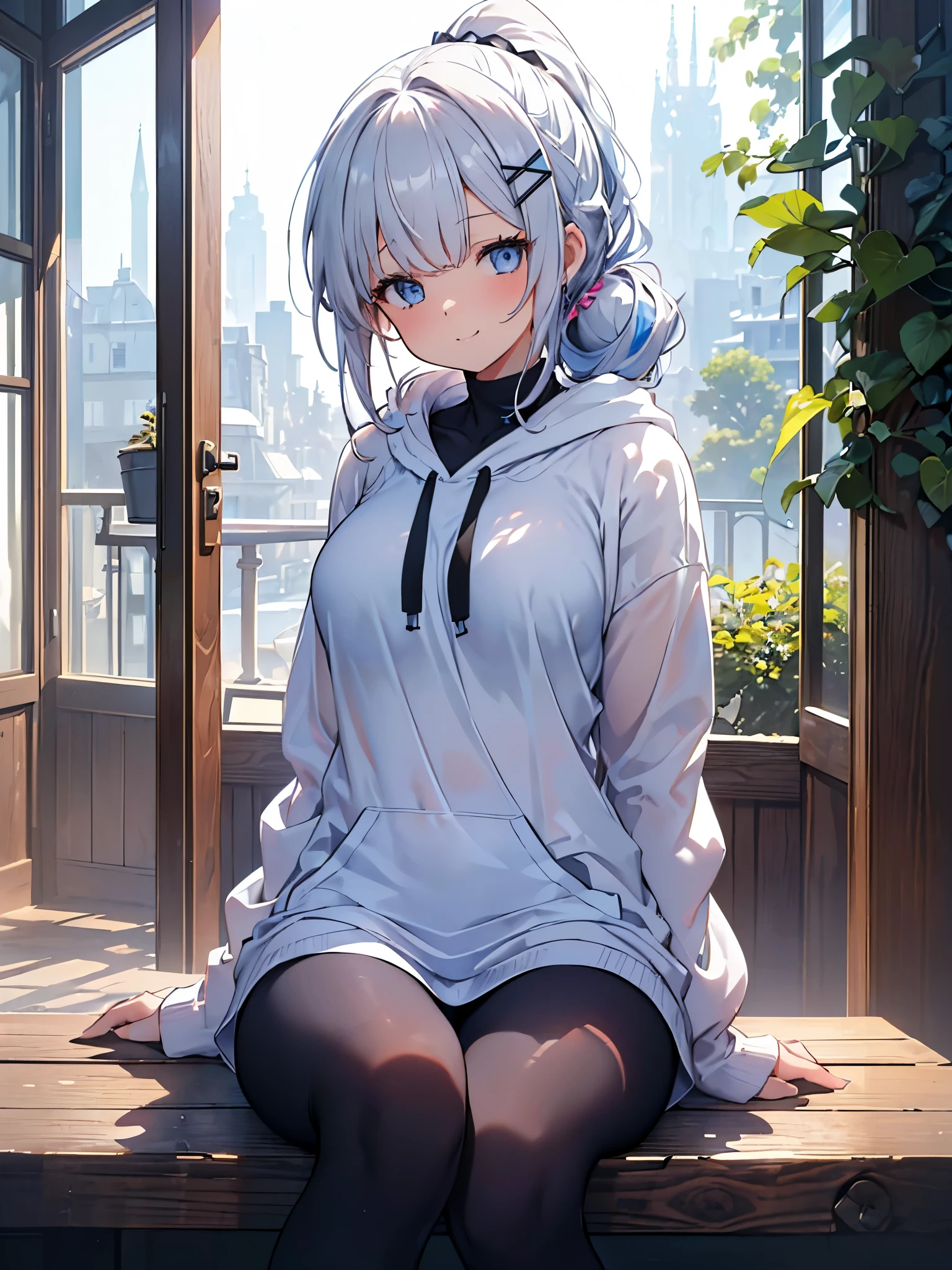  one girl , Curly Ponytail, smile,  blue eyes , Wear a white hoodie, (terrace）, (（morning）), masterpiece, 8k,  Full Photo, The perfect outfit,  perfect anatomy, Sharp resolution,  shallow depth of field ,  Soft Shadow ,  casual and relaxed atmosphere , Natural light pours in, Hair clip, Beautiful breasts、Black tights、20 years old