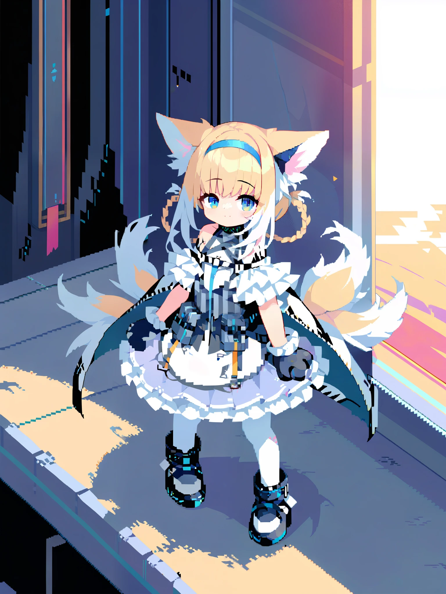 (best quality, ultra high resolution), ultra detailed, Pixel art style, Suzuran character from Arknights, white hair, blue eyes, animal ears, detailed 32-bit sprites, isometric view, vibrant colors, Game splash art, high quality pixel art, sharp edges, dynamic pose, vibrant colors, detailed illustration, dramatic lighting, high contrast, 4K, resolution,1girl, solo, white thighhighs, paw gloves, looking at viewer, cowboy shot, (pixel art:1.2),