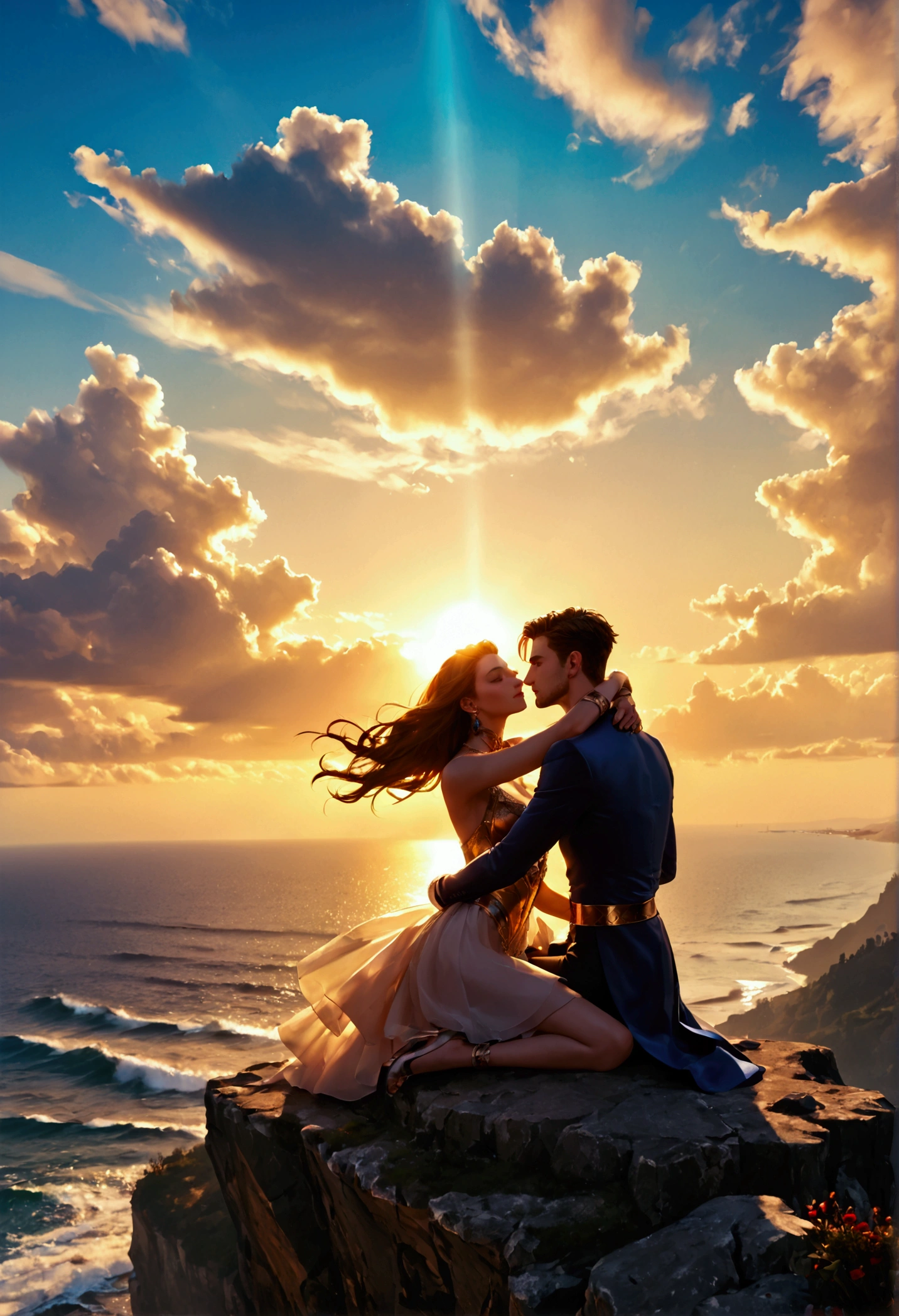 score_9, score_8_up, score_7_up a picture of a couple, a man and a woman,  sitting on the cliff near the sea, they hug and see the sunset, shadow plays, sun going down, divine rays,  vibrant, Ultra-high resolution, High Contrast, (masterpiece:1.5), highest quality, Best aesthetics), best details, best quality, highres, ultra wide angle, 16k, [ultra detailed], masterpiece, best quality, (extremely detailed), 