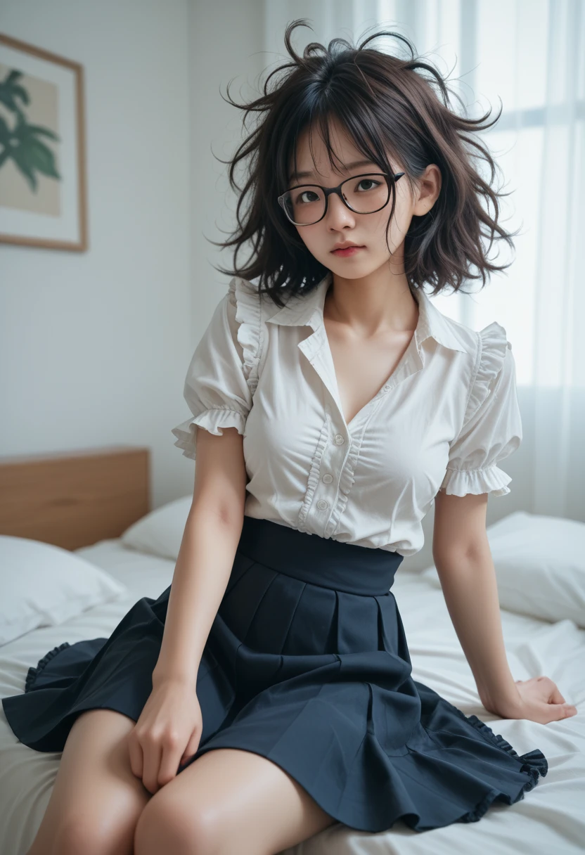 Asian,messy hair,medium breasts,Glasses,blouse,skirt,frills