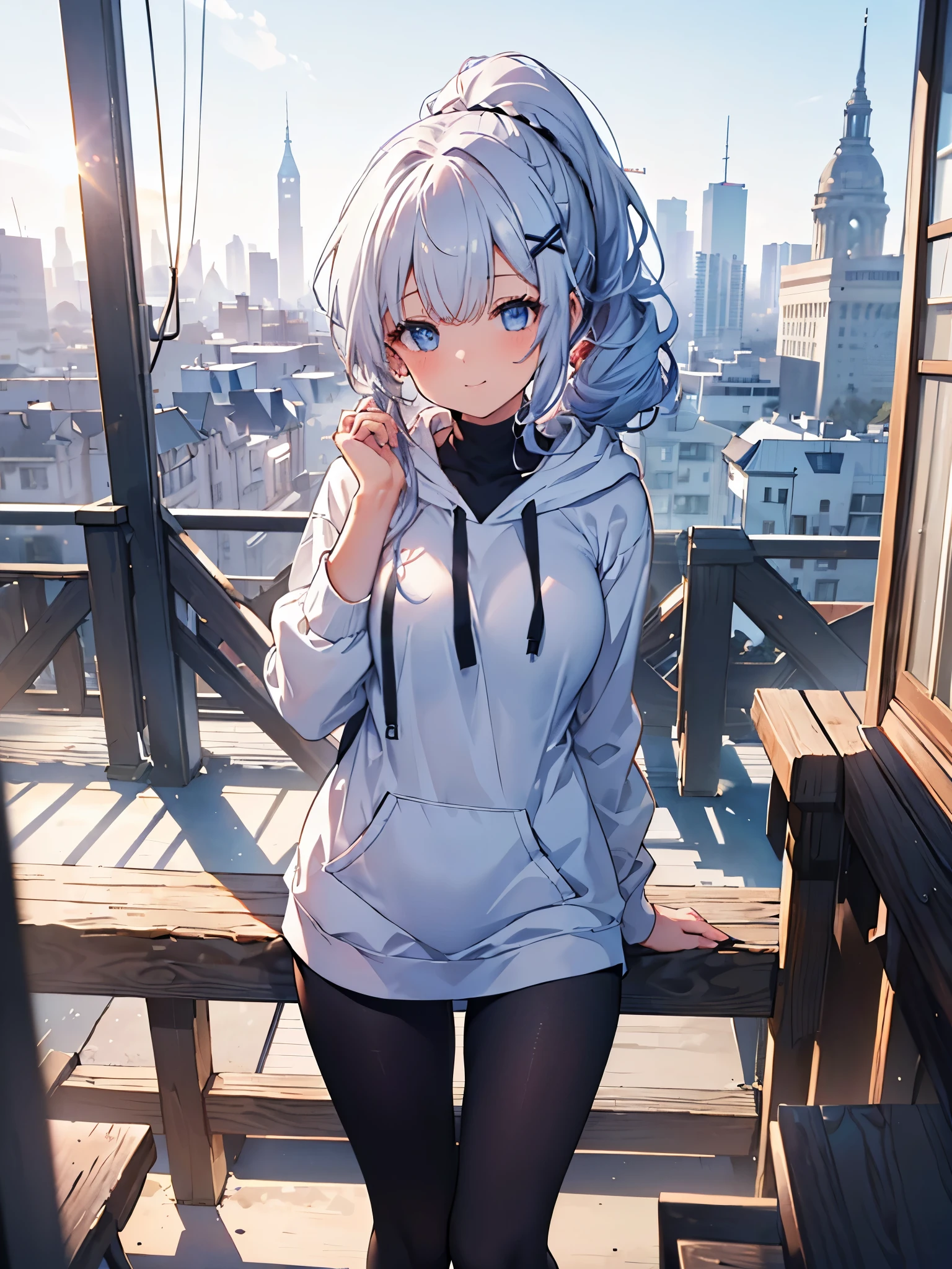  one girl , Curly Ponytail, smile,  blue eyes , Wear a white hoodie, (terrace）, (（morning）), masterpiece, 8k,  Full Photo, The perfect outfit,  perfect anatomy, Sharp resolution,  shallow depth of field ,  Soft Shadow ,  casual and relaxed atmosphere , Natural light pours in, Hair clip, Beautiful breasts、Black tights、20 years old