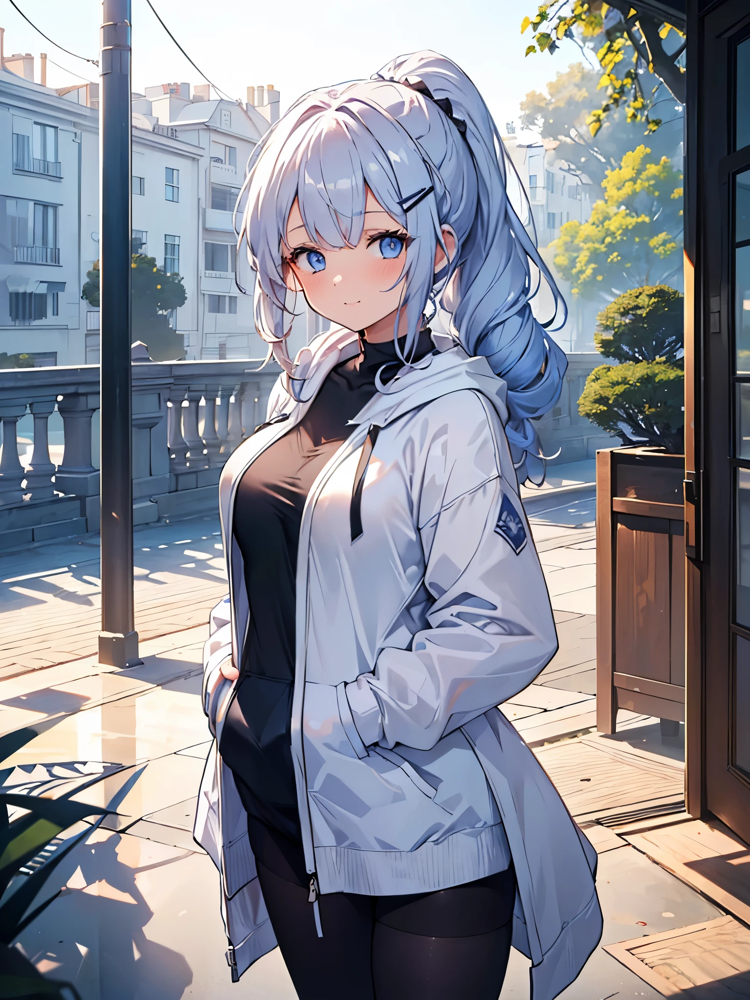  one girl , Curly Ponytail, smile,  blue eyes , Wear a white hoodie, (terrace）, (（morning）), masterpiece, 8k,  Full Photo, The perfect outfit,  perfect anatomy, Sharp resolution,  shallow depth of field ,  Soft Shadow ,  casual and relaxed atmosphere , Natural light pours in, Hair clip, Beautiful breasts、Black tights、20 years old