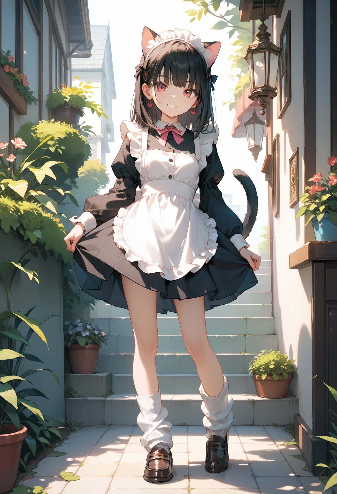 Score_9,Score_8_up,Score_7_up,highest quality anime,,masterpiece,1 girl,slim,small breasts,(Ideal slender proportions),(black_long_hair,straight_bangs,maid costume,loose socks,loafers,cat ears,cat tail),smile,beautiful legs,standing,view from behind